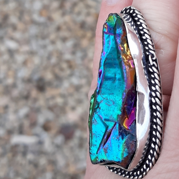 New Rainbow Titanium Crystal Quartz 925 Silver Statement Ring. - Picture 7 of 8